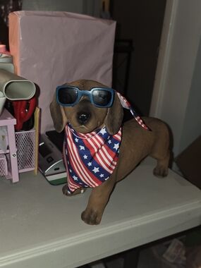 Patriotic Brown Dog Figurine with Blue Sunglasses and American Bandana